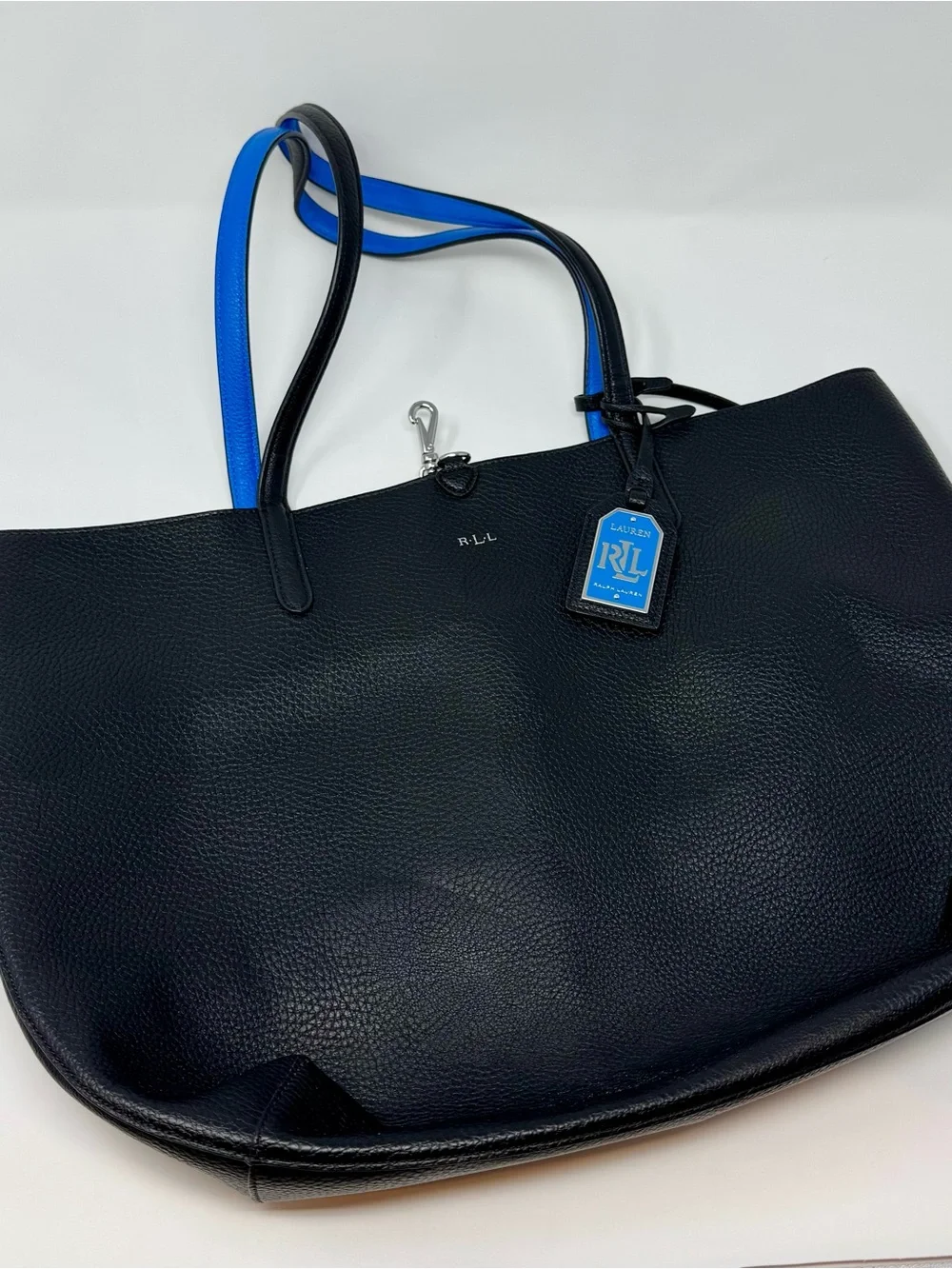 Ralph Lauren | Black/Blue Pebbled Leather Reversible Tote - EUC
